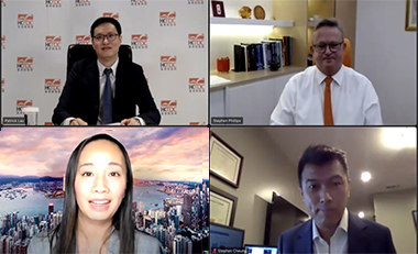 Jacko Tsang, Director of the Hong Kong Economic and Trade Office, San Francisco (bottom left), Stephen Cheung, President of the World Trade Center Los Angeles (bottom right), Patrick Lau, Deputy Executive Director of the Hong Kong Trade Development Council (upper left), and Stephen Phillips, Director General of Invest Hong Kong (upper right) at the webinar to discuss the changing business environment in Hong Kong. Jacko Tsang, Director of the Hong Kong Economic and Trade Office, San Francisco (bottom left), Stephen Cheung, President of the World Trade Center Los Angeles (bottom right), Patrick Lau, Deputy Executive Director of the Hong Kong Trade Development Council (upper left), and Stephen Phillips, Director General of Invest Hong Kong (upper right) at the webinar to discuss the changing business environment in Hong Kong.