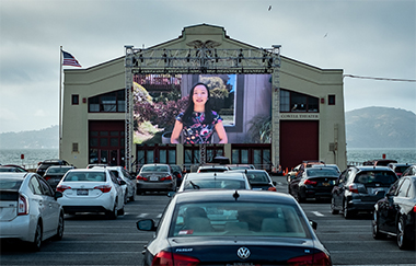 The Hong Kong Economic and Trade Office in San Francisco (HKETO-SF) presented “Hong Kong Cinema Showcase” at CAAMFest 2021. The showcase included drive-in experience, on-demand screening and a panel discussion. Photo shows the Director of the HKETO-SF, Ms. Jacko Tsang, speaking at the drive-in theatre at Fort Mason FLIX, San Francisco via a recorded video on May 15. The Hong Kong Economic and Trade Office in San Francisco (HKETO-SF) presented “Hong Kong Cinema Showcase” at CAAMFest 2021. The showcase included drive-in experience, on-demand screening and a panel discussion. Photo shows the Director of the HKETO-SF, Ms. Jacko Tsang, speaking at the drive-in theatre at Fort Mason FLIX, San Francisco via a recorded video on May 15.