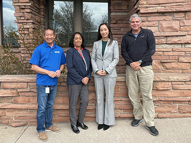Ms Jacko Tsang, Director of Hong Kong Economic and Trade Office in San Francisco (second right); Ms Fran Campbell, President and CEO of Asian Chamber of Commerce Colorado (second left); Mr Clarence Low, Board Member of Asian Chamber of Commerce Colorado (first left) and Mr Joe Sinisi, Board Member of Asian Chamber of Commerce Colorado (first right) poised for a picture at the office of Asian Chamber of Commerce Colorado. Ms Jacko Tsang, Director of Hong Kong Economic and Trade Office in San Francisco (second right); Ms Fran Campbell, President and CEO of Asian Chamber of Commerce Colorado (second left); Mr Clarence Low, Board Member of Asian Chamber of Commerce Colorado (first left) and Mr Joe Sinisi, Board Member of Asian Chamber of Commerce Colorado (first right) poised for a picture at the office of Asian Chamber of Commerce Colorado.