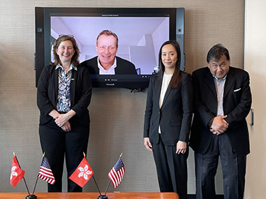 Ms Jacko Tsang, Director of the Hong Kong Economic and Trade Office in San Francisco (second right) is pictured with Mr Steven Metruck, Executive Director (on screen) and Ms Karin Zaugg Black, International Business Protocol Liaison - External Relations (first left) of the Port of Seattle; as well as Mr. Benjamin Lee, Chairman (first right) of the Greater China Hong Kong Business Association of Washington. Ms Jacko Tsang, Director of the Hong Kong Economic and Trade Office in San Francisco (second right) is pictured with Mr Steven Metruck, Executive Director (on screen) and Ms Karin Zaugg Black, International Business Protocol Liaison - External Relations (first left) of the Port of Seattle; as well as Mr. Benjamin Lee, Chairman (first right) of the Greater China Hong Kong Business Association of Washington.