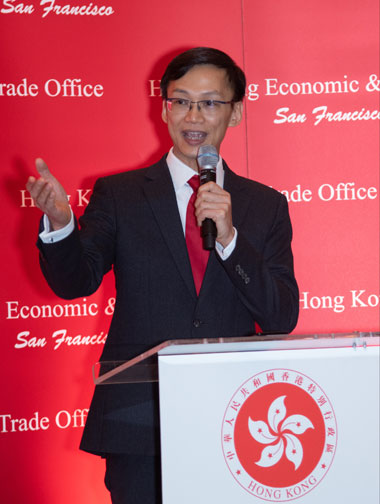 The Director of the Hong Kong Economic and Trade Office, San Francisco, Mr Ivanhoe Chang, speaks at the spring reception in Dallas on February 12.