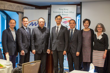 Speakers of the Leadership Luncheon, Prof Lap-Chee Tsui, Founding President of the Academy of Sciences of Hong Kong (third left); George Tee, Chief Technology Officer of Hong Kong Science and Technology Parks ((third right), and Michael Chan, Senior Vice President of Hong Kong Stock Exchange take a photo with Ivanhoe Chang, Director of the Hong Kong Economic and Trade Office, San Francisco (center) before the luncheon.