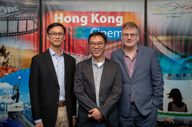 The Director of the Hong Kong Economic and Trade Office in San Francisco, Mr Ivanhoe Chang (left); the Executive Director of SFFILM, Mr Noah Cowan (right); and Hong Kong film director Stanley Kwan (center) is pictured at the reception for the 62nd San Francisco International Film Festival on April 13.